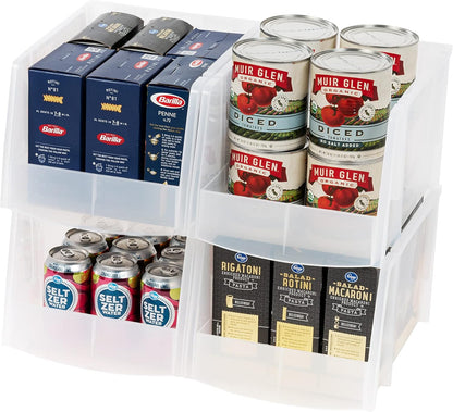 IRIS USA Clear Plastic Stackable Storage Bins, Large-, Open Front Fridge Pantry Kitchen Closet Cabinet Bathroom Organizer Basket for Organizing Snack, Cans, Office Supplies, and Coffee Pods