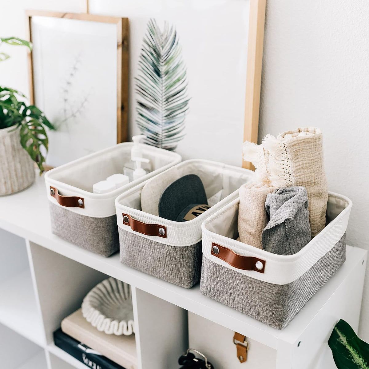 OrganiHaus 12x8in Canvas Storage Baskets 3 Pack | SMALL Fabric Bins for Shelves | Pantry & Bathroom Organizer | Beige/Off-White