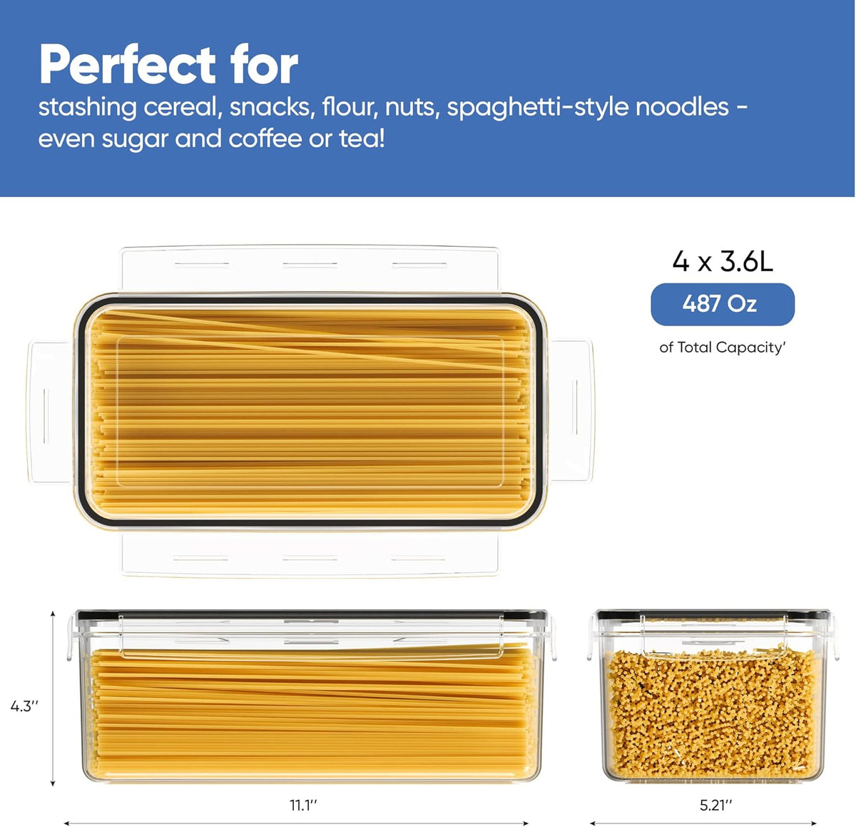 Chef's Path Airtight Food Storage Containers with Lids (Set of 4/3.6 Liters Each), Plastic Spaghetti Container for Pasta & Dry Food Storage, BPA Free Pantry Organizer Set with Kitchen Accessories