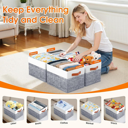 Fab totes Collapsible Storage Baskets for Shelves,14"x10", Foldable Fabric Storage Bins with Double Leather Handles, Large Baskets for Organizing Books, Clothes, White & Grey