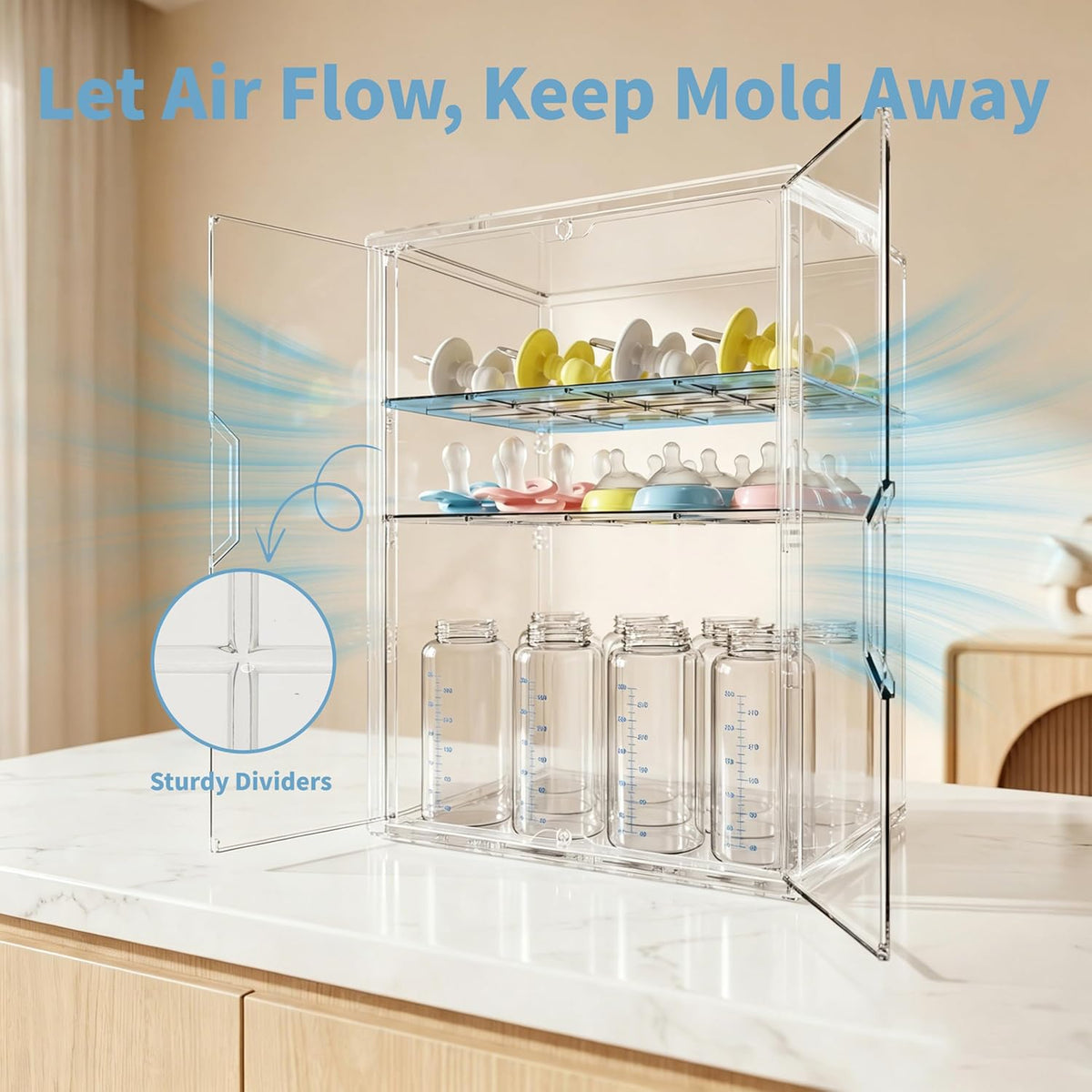 Baby Bottle Organizer, 3 Tiers Adjustable Bottle Storage Container for Countertop, Acrylic Bottle Station with 2 Removable Dividers and Double Magnetic Doors, Suitable for Kitchen Bathroom Vanity