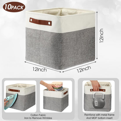 Uiifan 10 Pcs Collapsible Storage Bins Fabric Foldable Storage Basket with Handles Cloth Organizer Linen Shelf Baskets for Shelves Home Closet Nursery Toys(16 x 12 x 10 Inch,Gray and White)