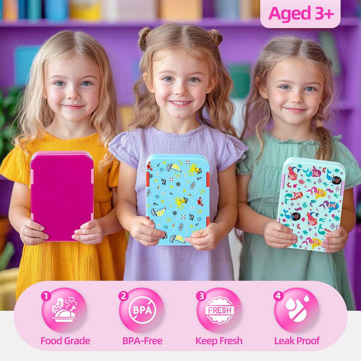 Bento Lunch Box for Kids, 6 Compartments BPA Free, Dishwasher Safe Back to School Snack Bento Lunch Containers Boxes, Ideal Portion Sizes for On-the-Go Meal, Ages 3+, School, Green Patterned