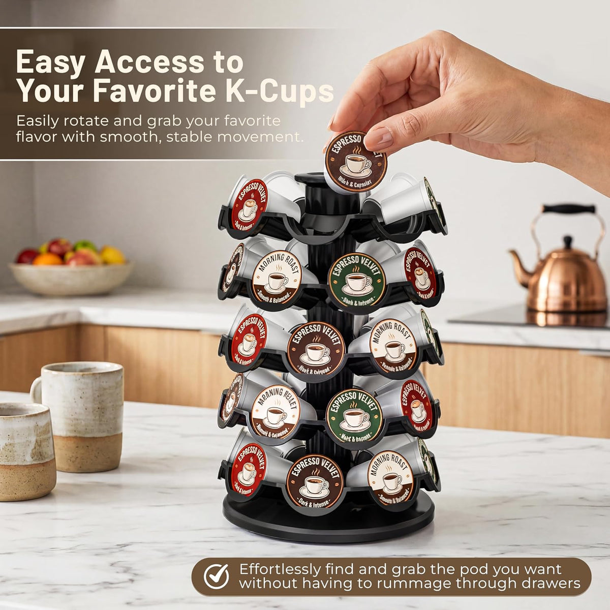 EVERIE Coffee Pod Carousel Organizer for Countertop, Holds 40 Single-Serve Coffee Pods, Smooth 360° Rotating Holder, Space-Saving Coffee Station Storage, Compact 8" x 8" x 12.4"