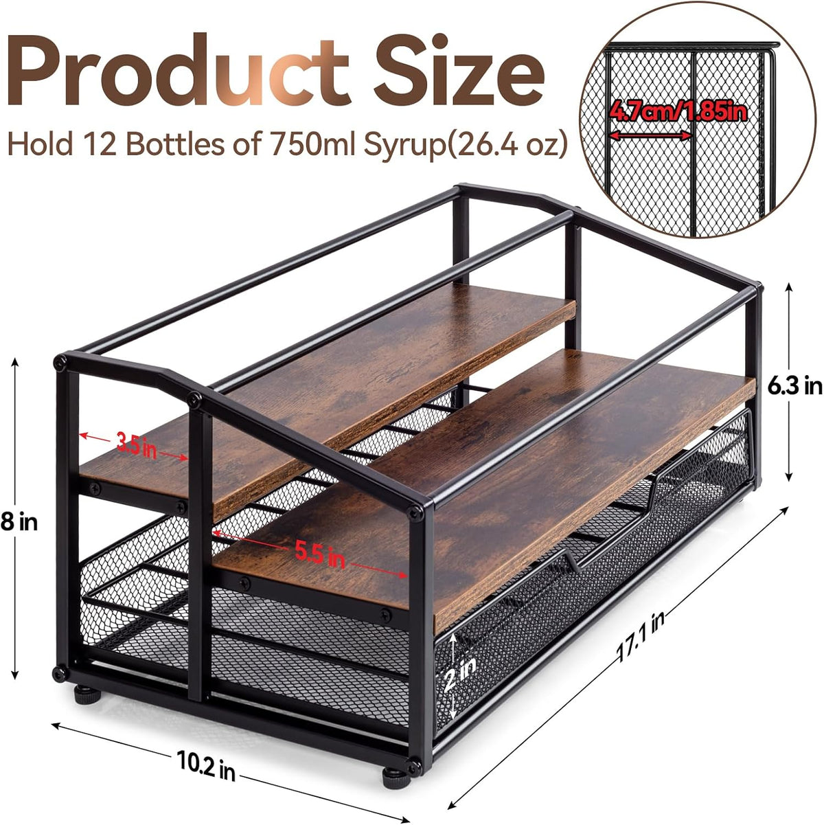 kimilus Coffee Syrup Rack Organizer, 4-Tier 12 Bottle Syrup Rack with 35 K Cup Drawer for Coffee Bar, Countertop Bottle Holder Stand for Dressing for Kitchen Cafe Station