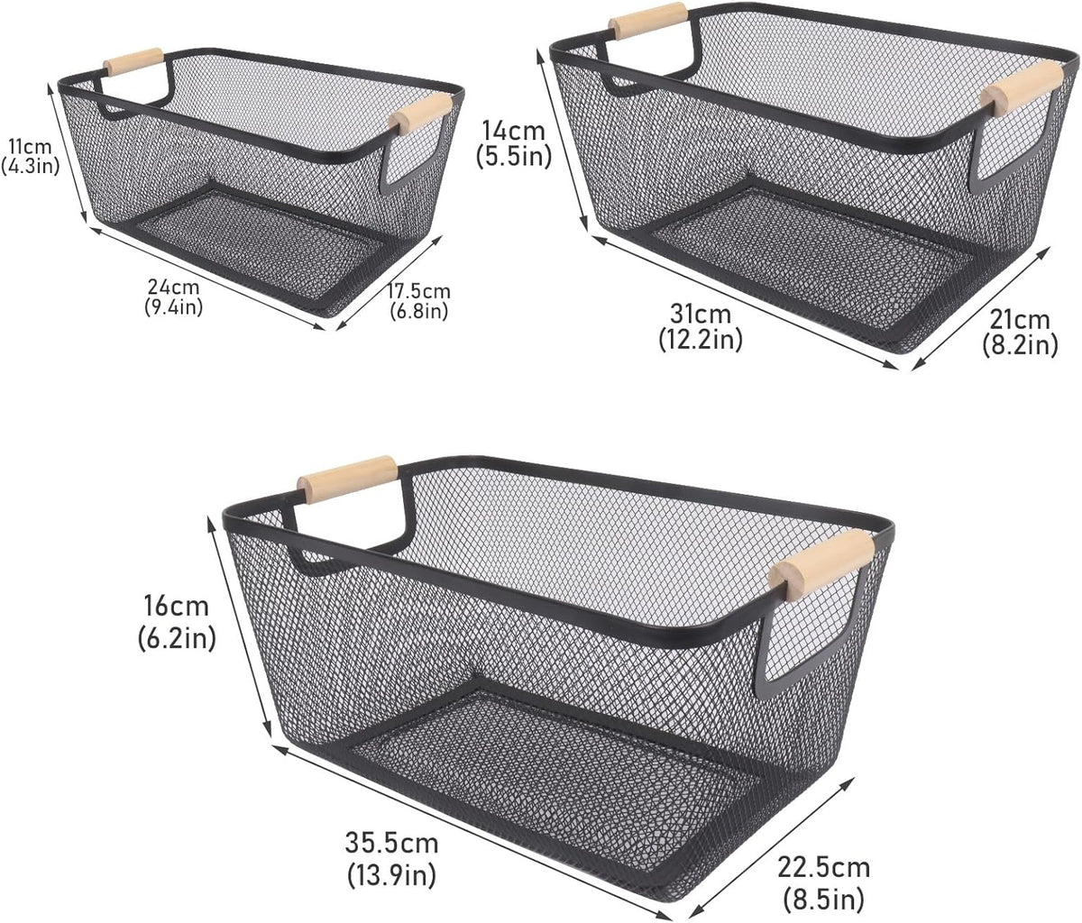 Potato and Onion Storage Bin, 2 Set Potato Bin Storage and Onion Container with Wooden Handle, Pantry Kitchen Organization and Storage, Metal Mesh Baskets for Fruit, Vegetable, Produce-Black