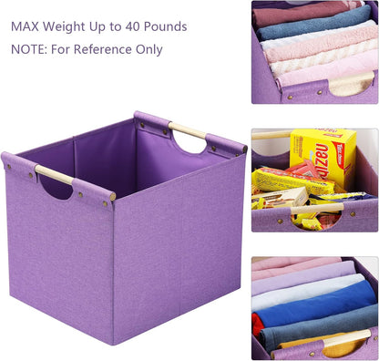 HOONEX Large Collapsible Storage Bins, Linen Fabric, Pack of 2, Storage Baskets with Wooden Carry Handles and Sturdy Heavy Cardboard, for Home, Office, Car, Nursery, Black