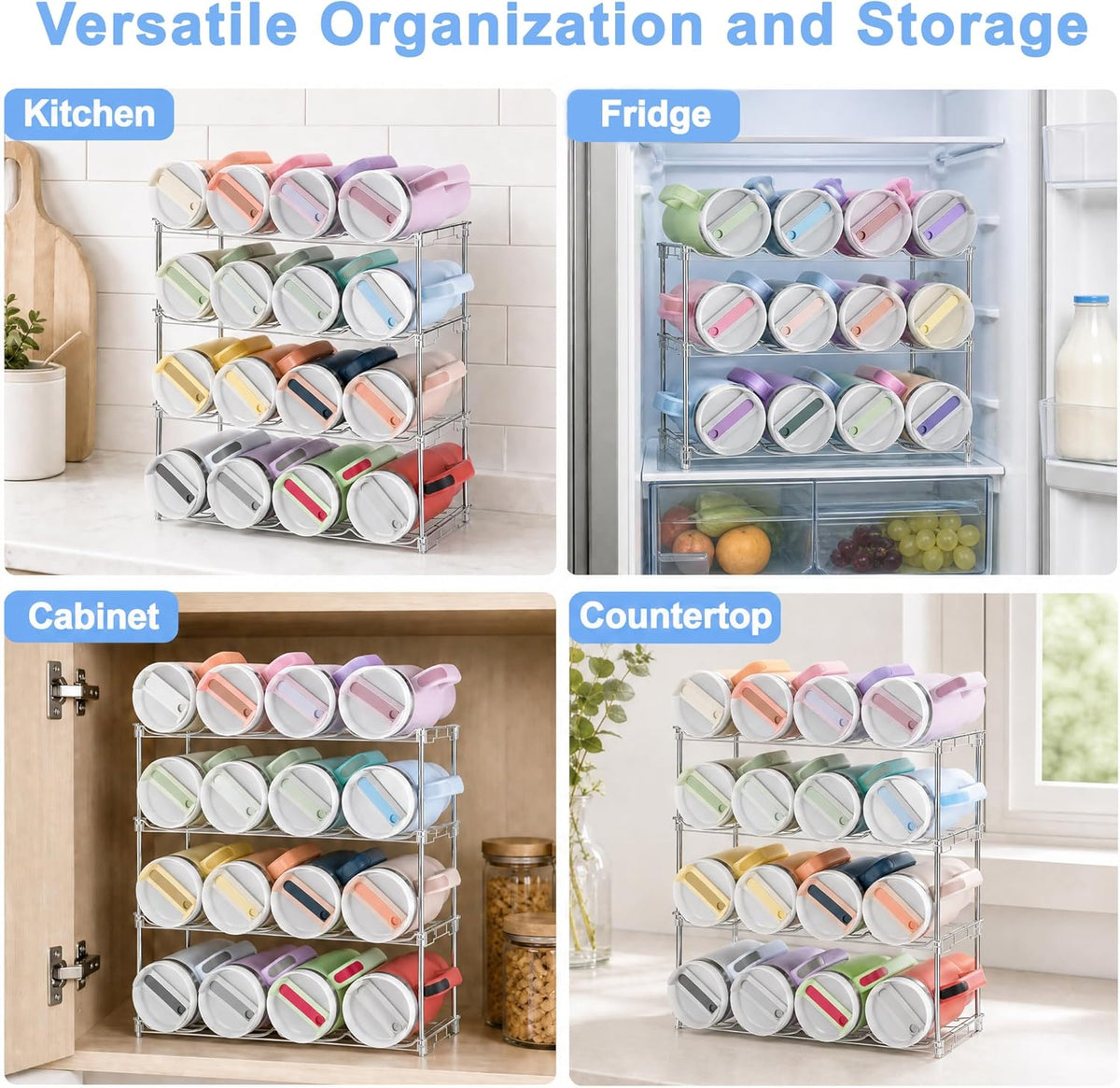 Water Bottle Organizer for Cabinet, Large Compartment Tumbler Organizer for Stanley 40oz Tumbler, Stackable Stanley Cup Organizer Holder for Cabinet, Kitchen Countertop Organization & Storage, 4 Pack