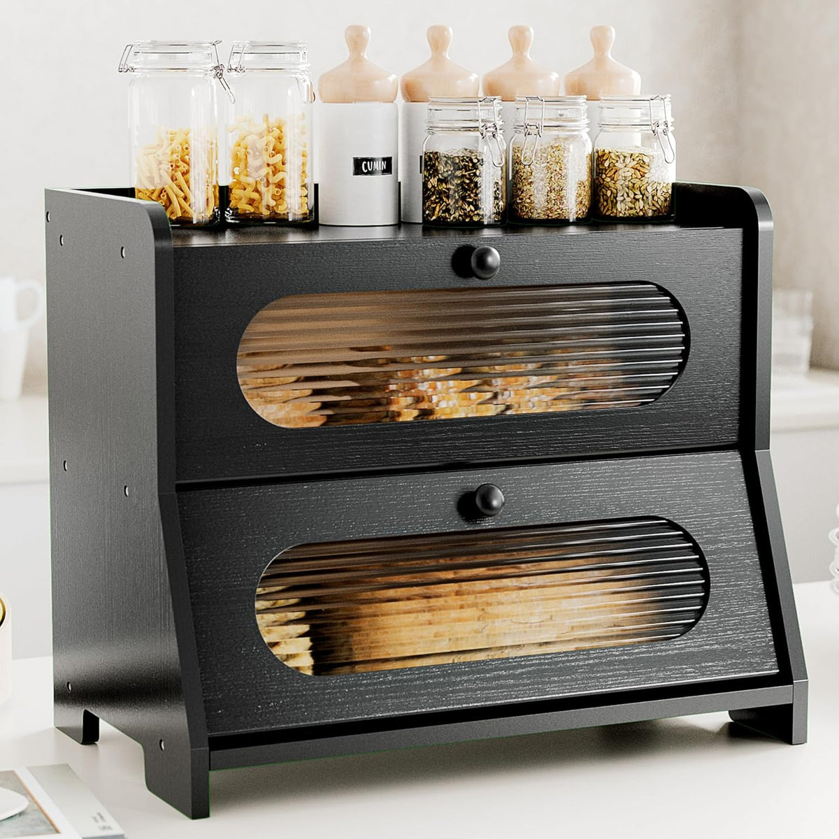 Bread Box,Extra Large 2-Tier Bamboo Bread Box for Kitchen Countertop,Bread Storage Container with Magnetic Acrylic Door for Homemade Bread,Under Cabinet,Pantry Organizer(Natural)