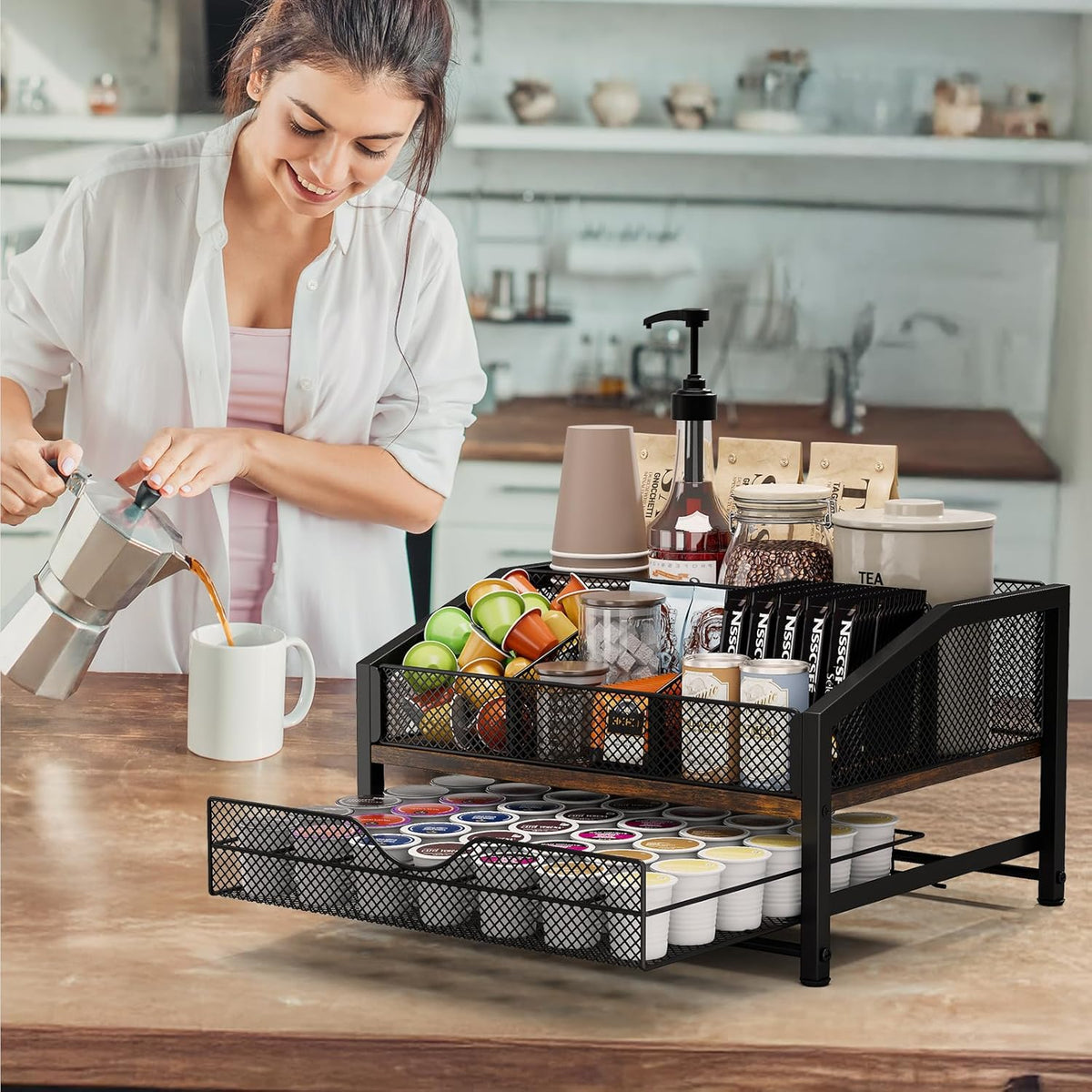 Homsorout Coffee Bar Organizer - Coffee Station for Countertop, Metal and Wood K Cup holder Storage Basket for Coffee Pods, Syrup, Cups, Stirrer, Coffee Condiment, Tea Organizer, Black and Brown