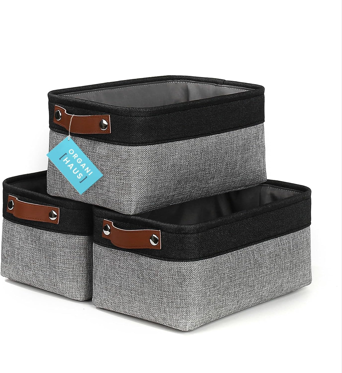 OrganiHaus 12x8in Canvas Storage Baskets 3 Pack | SMALL Fabric Bins for Shelves | Pantry & Bathroom Organizer | Beige/Off-White