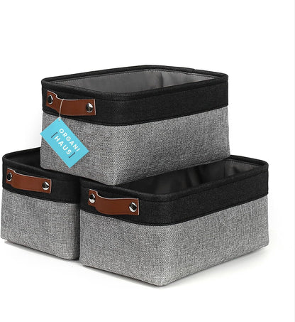 OrganiHaus 12x8in Canvas Storage Baskets 3 Pack | SMALL Fabric Bins for Shelves | Pantry & Bathroom Organizer | Beige/Off-White