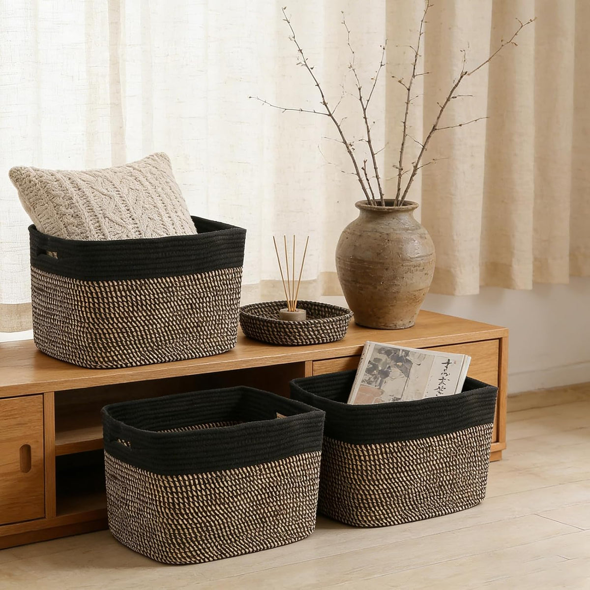 3 Pack Woven Rope Storage Baskets for Shelves,13.5"×11"×9.5" Storage Bins with Handles,Empty Gift Baskets,Nursery Organizer for Toys,Towels,Books,Closet,Living Room,Bedroom (White & Brown)