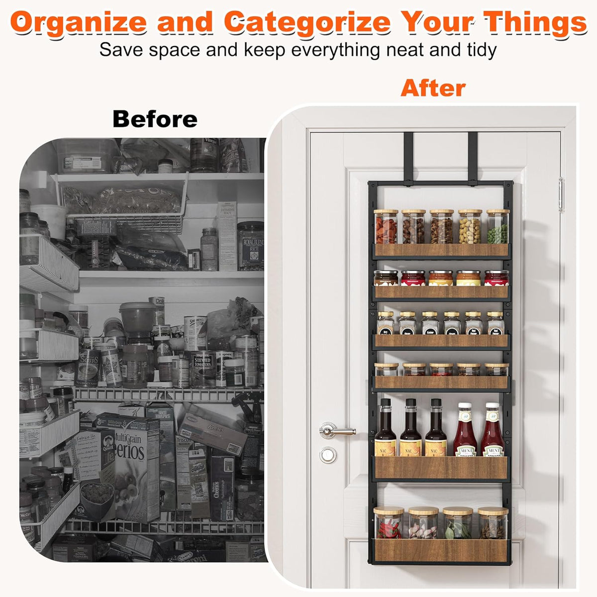 Aquzee Heavy Duty Pantry Door Organizer, 6-Tier Over the Door Pantry Organizer, 2 IN 1 Hanging Wall Mount Spice Rack, Adjustable Baskets, Spice Organization for Cabinet Kitchen Closet