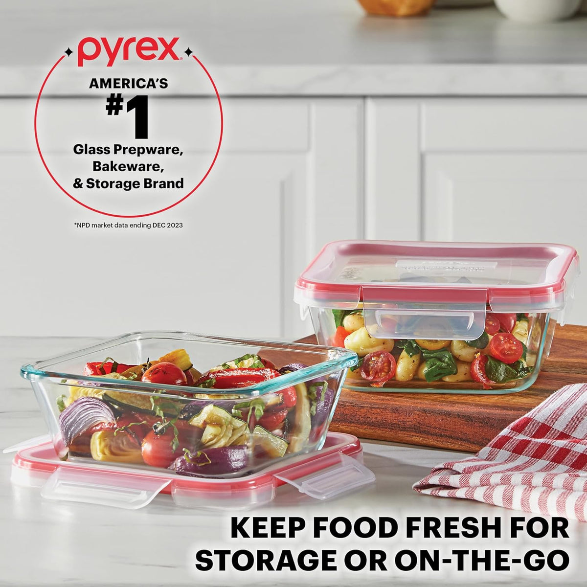 Pyrex Freshlock (4 Cup) Glass Food Storage Containers Set, Airtight & Leakproof Plastic Locking Lids BPA-Free, Meal Prep Containers Set, Freezer Dishwasher Microwave Safe