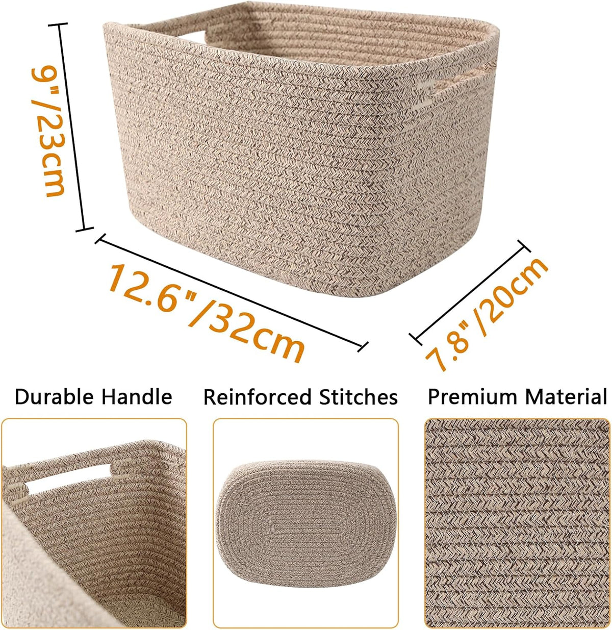 3 Pack Woven Rope Storage Baskets for Shelves,13.5"×11"×9.5" Storage Bins with Handles,Empty Gift Baskets,Nursery Organizer for Toys,Towels,Books,Closet,Living Room,Bedroom (White & Brown)