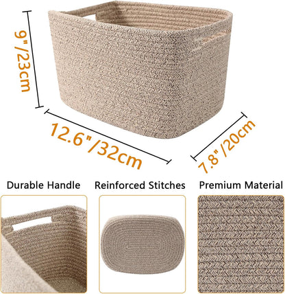 3 Pack Woven Rope Storage Baskets for Shelves,13.5"×11"×9.5" Storage Bins with Handles,Empty Gift Baskets,Nursery Organizer for Toys,Towels,Books,Closet,Living Room,Bedroom (White & Brown)