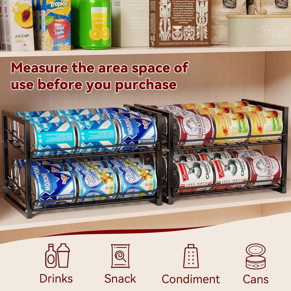 2-Tier Stackable Can Organizer 2 Pack, Pantry Can Dispenser Holds Up to 48 Cans, Metal Wire Basket of Canned Food Soda Drinks, Black