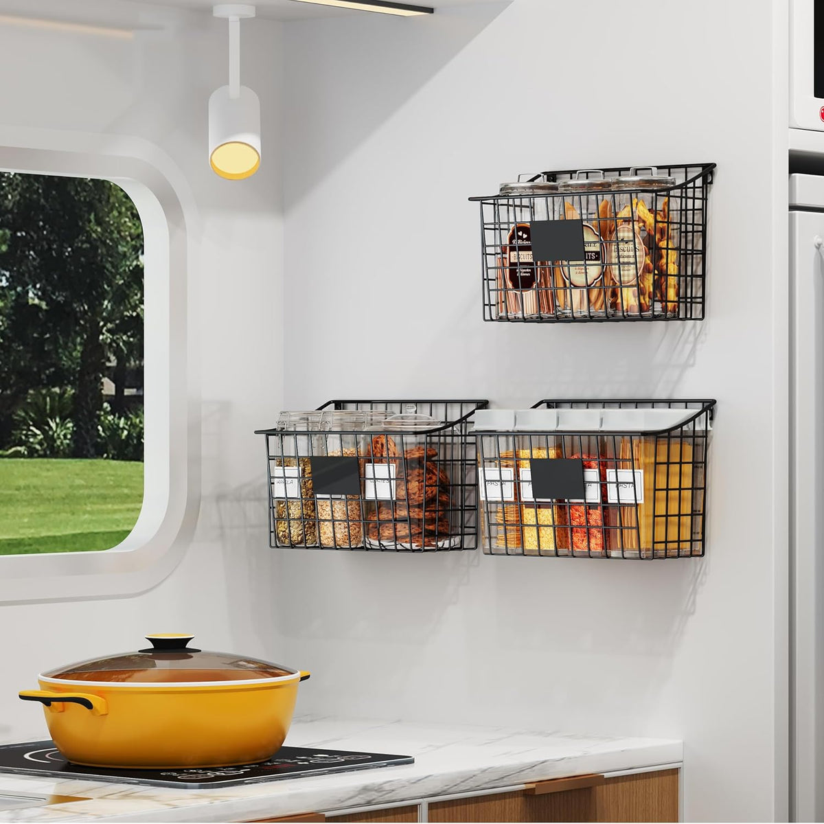 Wall Mounted Bin Basket with 5 Hooks 3 Label Plate Adhesive-3 Pack, Cabinet Hanging Metal Wire Basket,Rustic Farmhouse Decor, Storage Organization Shelf for Pantry Kitchen Bathroom 10.6*7.5*5.1inch