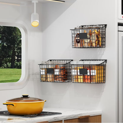 Wall Mounted Bin Basket with 5 Hooks 3 Label Plate Adhesive-3 Pack, Cabinet Hanging Metal Wire Basket,Rustic Farmhouse Decor, Storage Organization Shelf for Pantry Kitchen Bathroom 10.6*7.5*5.1inch