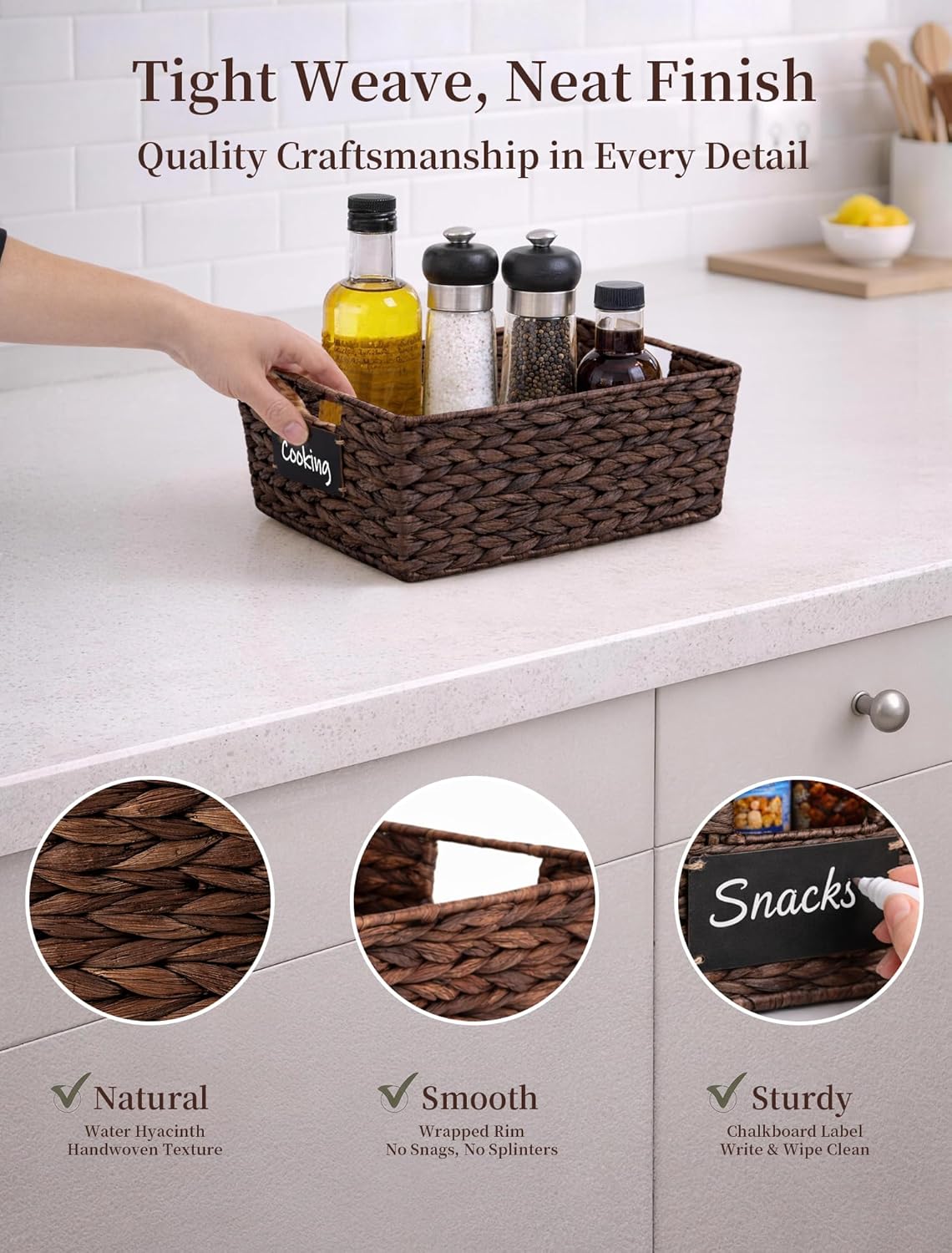 Pantry Organizers and Storage, Water Hyacinth Storage Baskets for Shelves, Natural Baskets for Organizing, Pantry Baskets with Chalkboard Labels and Marker