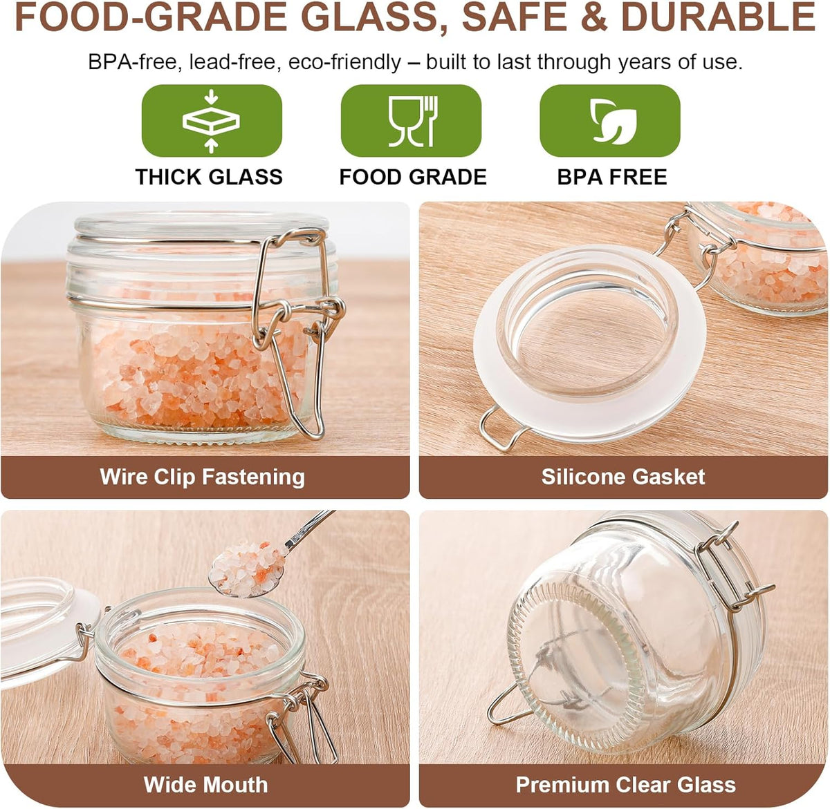 17oz Airtight Glass Jars, 6 Pack Clamp Lid Canisters, Small Food Storage Containers for Spices, Nuts, Snacks, Canning Jar for Jams & Pickling, Pantry Organization