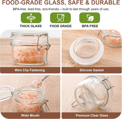 17oz Airtight Glass Jars, 6 Pack Clamp Lid Canisters, Small Food Storage Containers for Spices, Nuts, Snacks, Canning Jar for Jams & Pickling, Pantry Organization