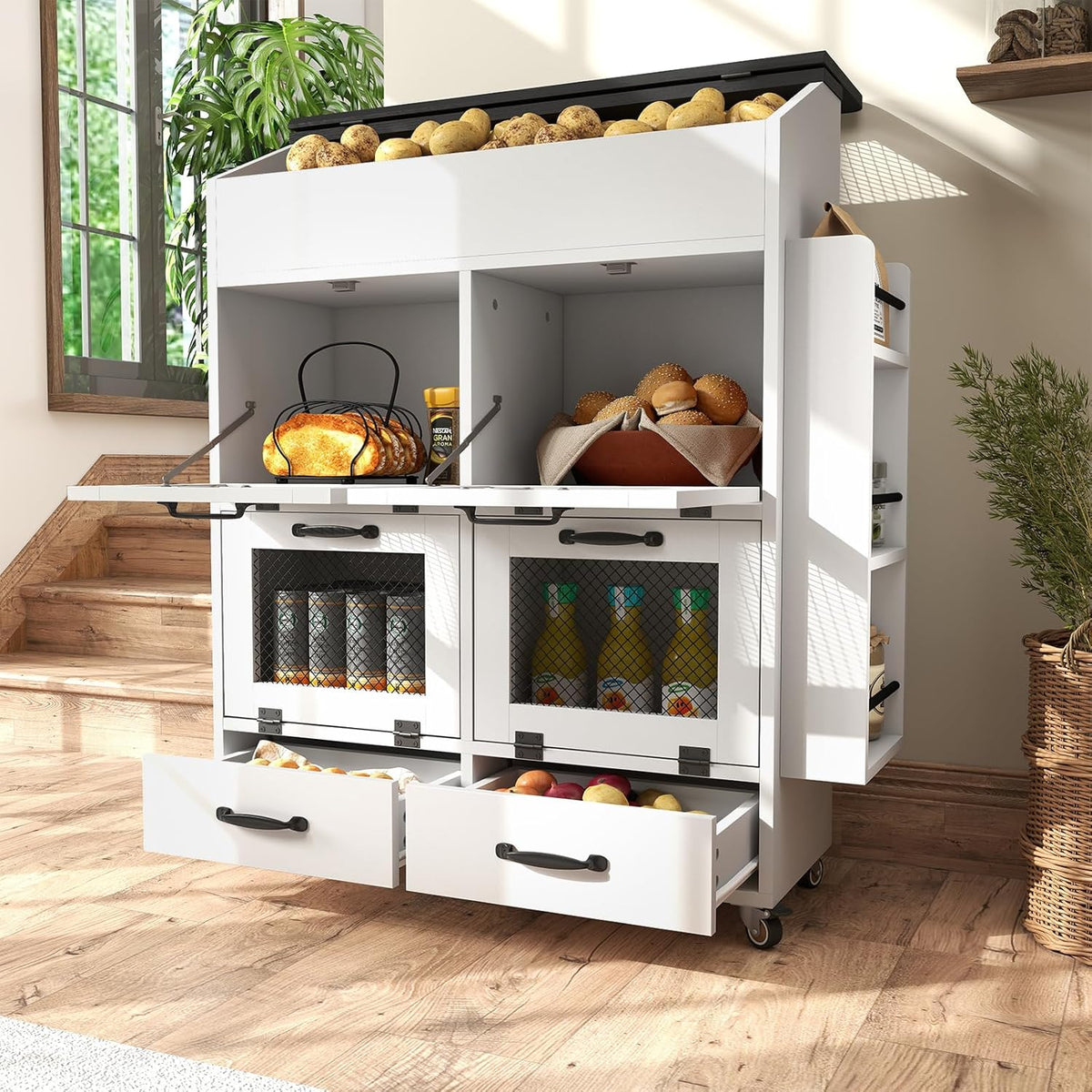 Verano Garden Potato and Onion Storage Bin on Wheels, Wood Bread Box with Lid & Mesh Doors, 4-Tier Rolling Fruit and Vegetable Storage Organizer w/Drawer & Side Rack for Kitchen (Rustic Brown, 16.0")