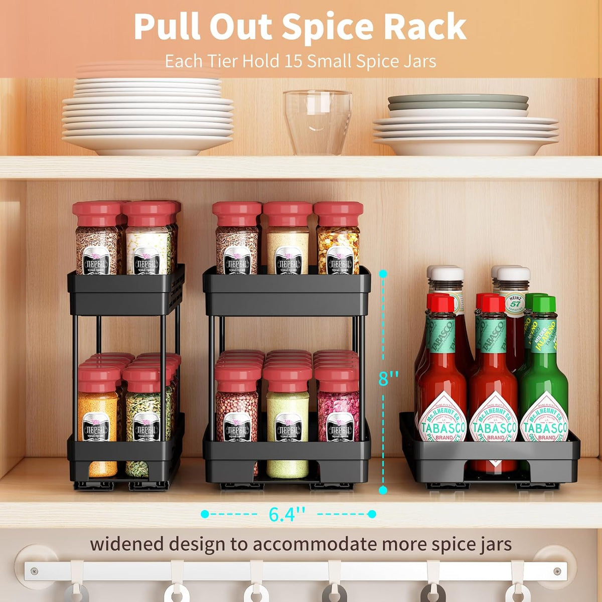 Pull Out Spice Rack Organizer for Cabinet, Slide Out Spice Racks Organizer, Spice Cabinet Organizers, Cabinet Size Need:12'' Highx11'' Deepx5'' Wide,Hold 10 Spice Jar Each Tier-2Tier, Black