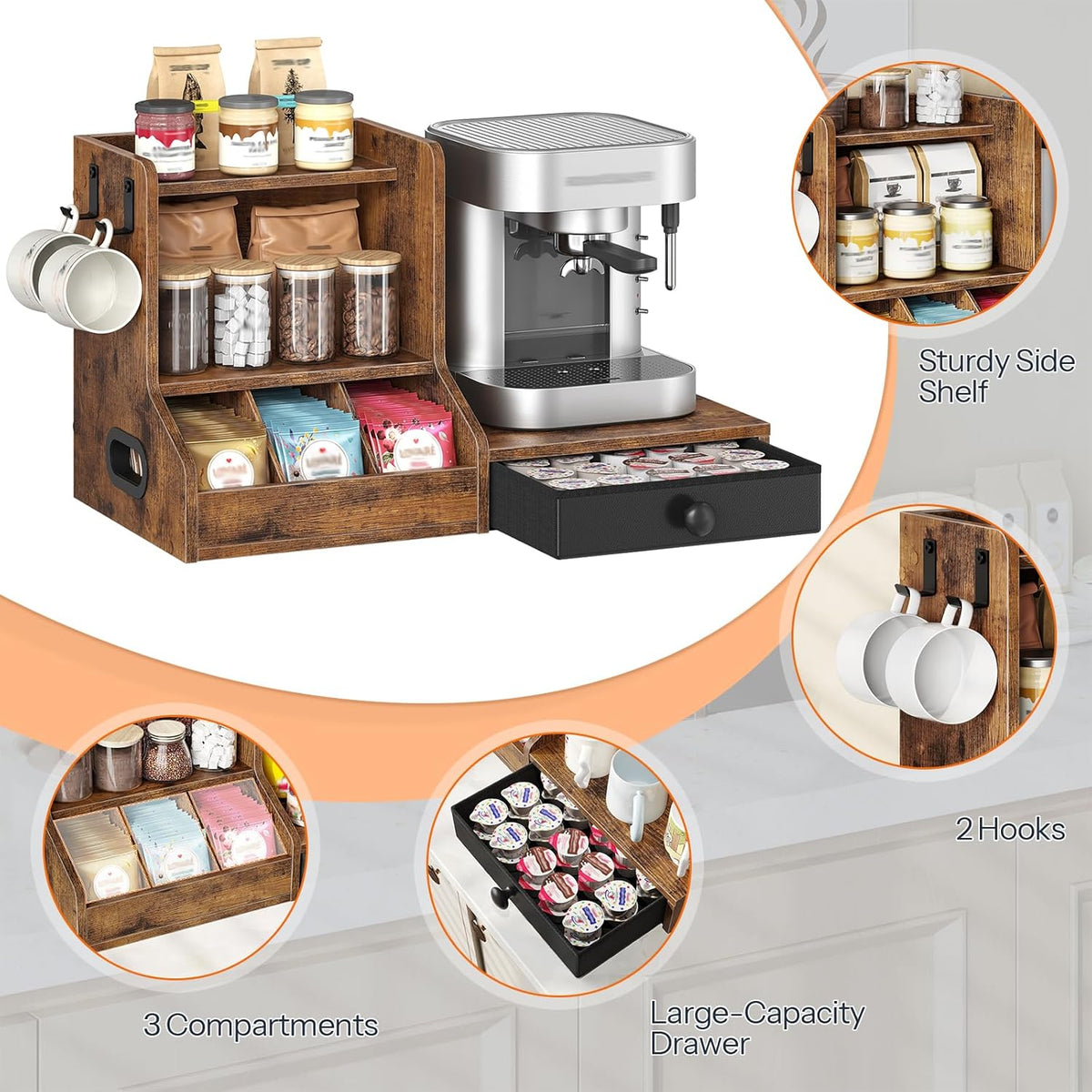 HOOBRO Coffee Mug Tree, Coffee Mug Cup Holder with Drawer for 25K-Cup Pods, Mug Display Stand with 2 Hooks, 3 Tier Mug Stand Rack for Countertop, Holds Syrup, Tea Bags, Rustic Brown and Black BF05CR01