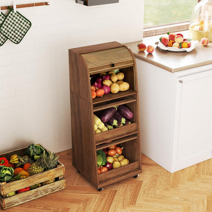 4 Tier Narrow Potato Storage Bin, Tall Wood Potato and Onion Storage Bin with Wheel, Movable Fruit and Vegetable Basket, Food Small Kitchen Pantry Cabinet, Wooden Bread Box, Walnut, Sliding Door