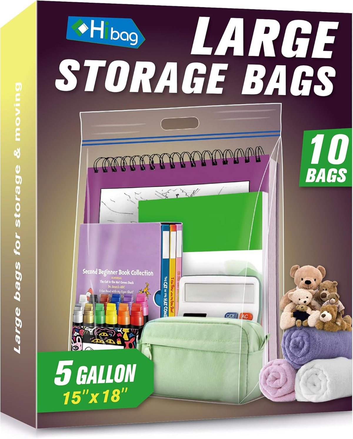 HIBAG 25 Gallon Jumbo Storage Bags, 35” x 24” Resealable Clear Bags with Handle, Extra Large XL Heavy Duty for Clothes Pillow Travel Moving, Pack of 3