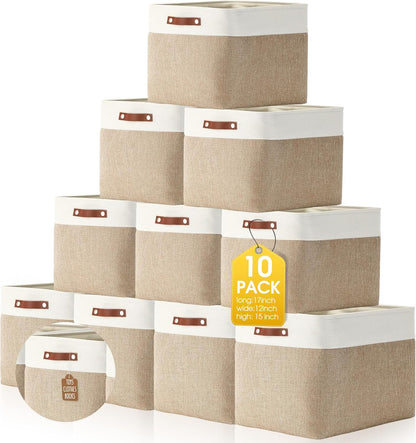 Uiifan 10 Pcs Collapsible Storage Bins Fabric Foldable Storage Basket with Handles Cloth Organizer Linen Shelf Baskets for Shelves Home Closet Nursery Toys(16 x 12 x 10 Inch,Gray and White)