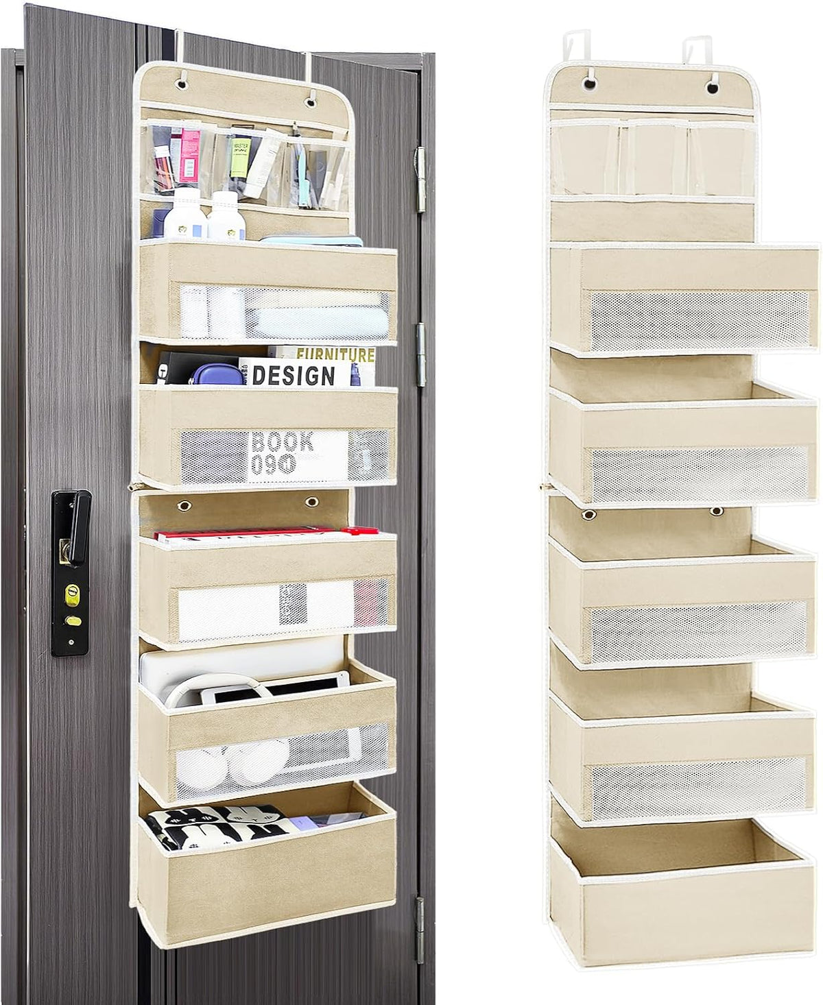 Over The Door Organizer with LifetimeWarranty, 4 Shelves & 4 Side Pockets, Large Storage Rack Holds 44lb, Heavy-Duty Reinforced Mesh Shelf for Bathroom, Closet, Toy Organization, Shoes, Towels, Grey