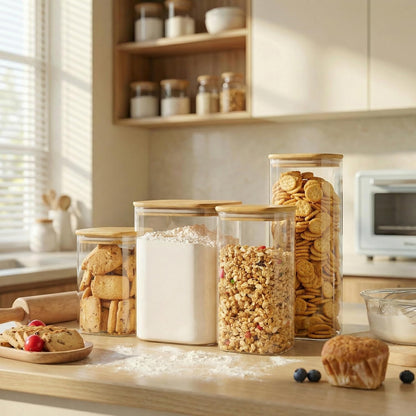 Extra Large Square Glass Flour & Sugar Storage Containers with Airtight Lids, 168 floz - Glass Jars with Bamboo Lids for Pantry, Air tight Food Storage Containers for Cereal, Pasta, Rice