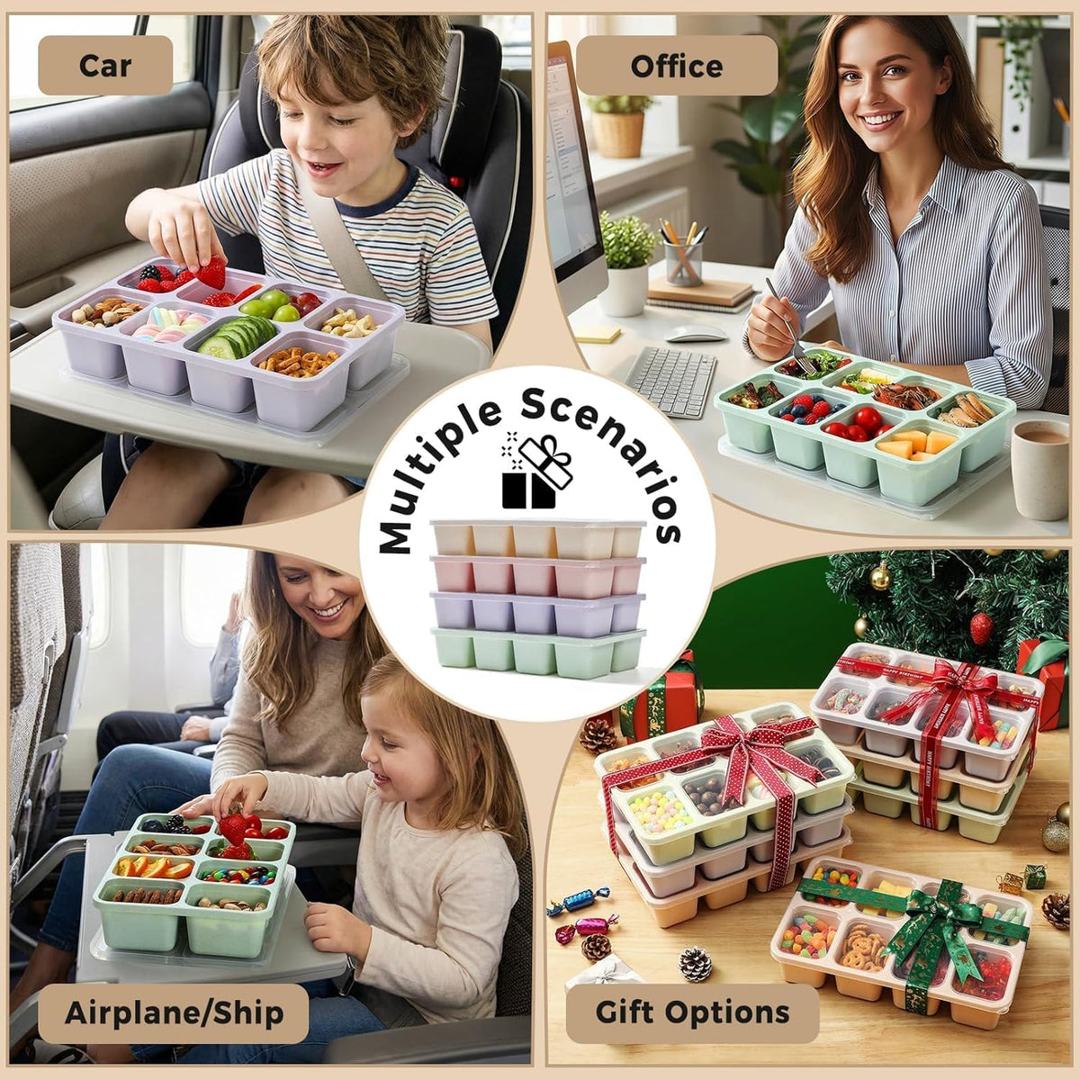 2 Pack Snackle Box Container with Lids, Dishwasher Safe 8 Compartment Divided Snack Serving Tray Platterbox, Protable No-Scatter Snacklebox Snack Container for Adult, Kids, Family, Travel, Party, Work