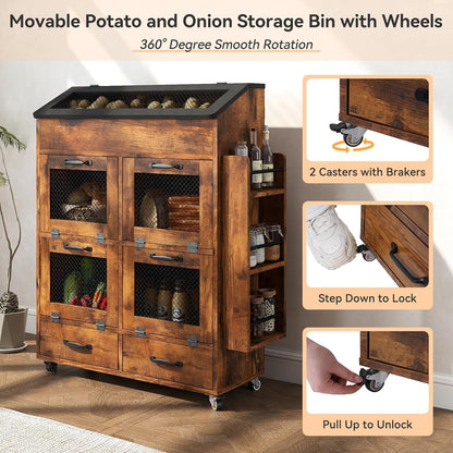 Verano Garden Potato and Onion Storage Bin on Wheels, Wood Bread Box with Lid & Mesh Doors, 4-Tier Rolling Fruit and Vegetable Storage Organizer w/Drawer & Side Rack for Kitchen (Rustic Brown, 16.0")