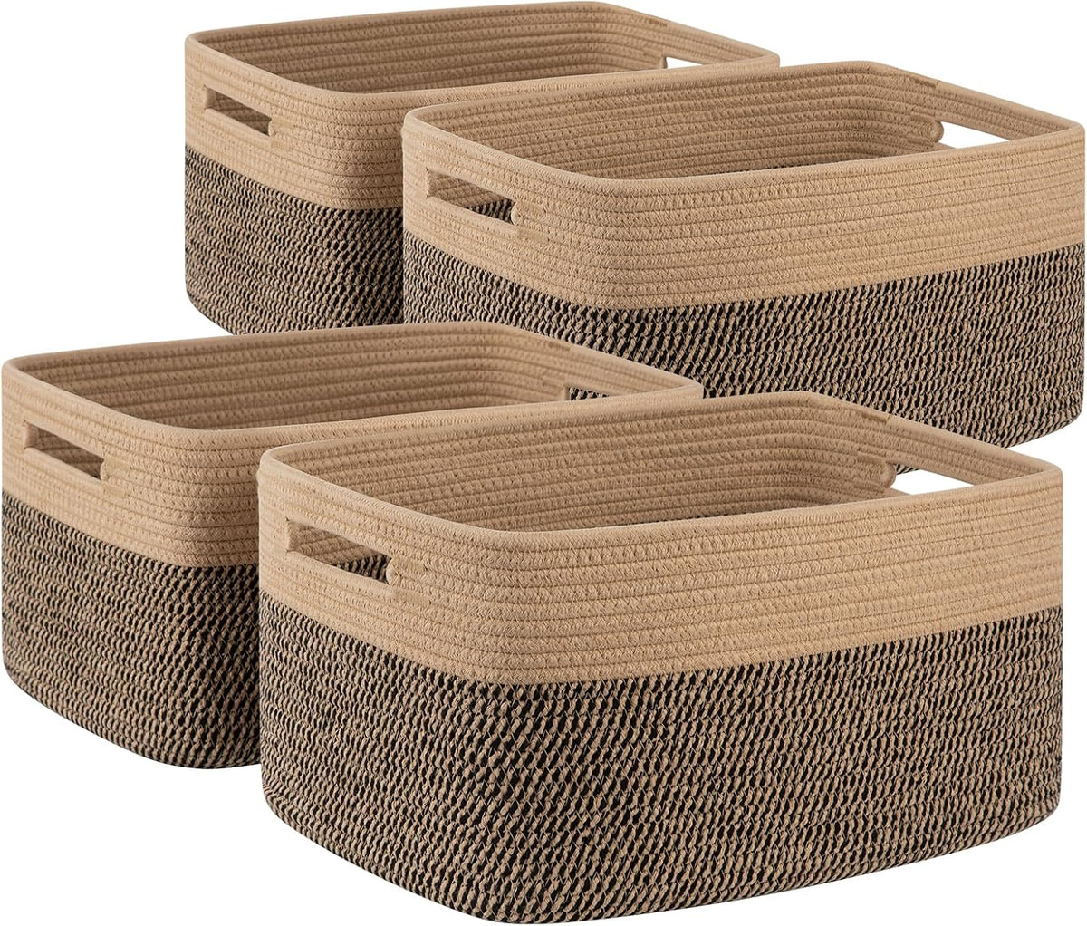 4 Pack Storage Baskets for Organizing, Woven Baskets for Shelves - Perfect for Toys, Books, Towels, and Clothes, Durable Gift Basket Bins Toy Storage, 12.7''Lx9''Wx7.8''H, Brown & White