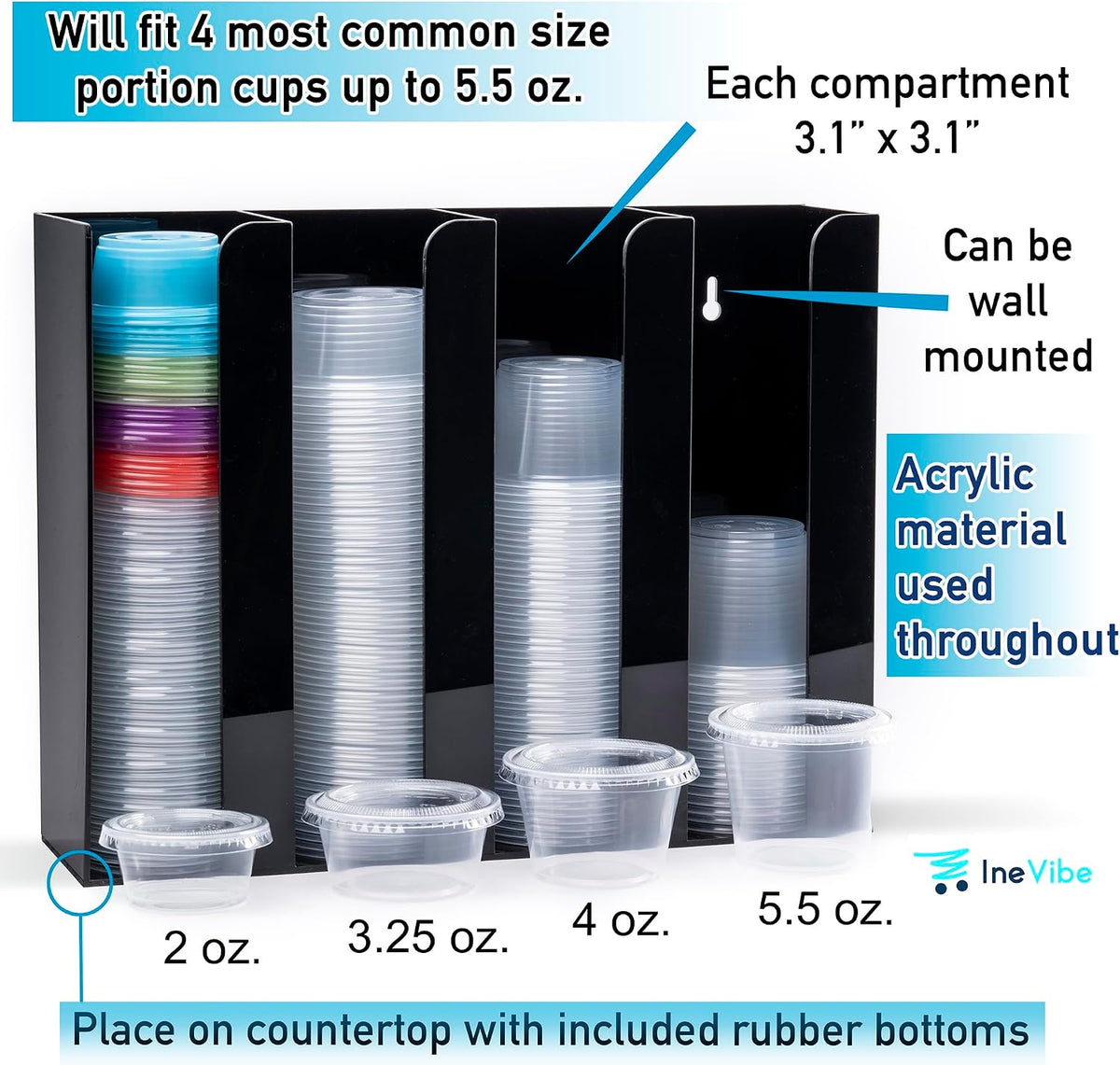 Inevibe Portion Cup and Lid Holder - 4 Compartment Acrylic Organizer for Condiment & Sauce Cups, Fits Cups 2 oz to 5.5 oz in Size, Use Dispenser on Countertop or Wall Mount