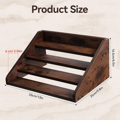 Wood 4 Tier Spice Rack, 13 x 10 x 6.5 Inch Wooden Tiered Spice Rack Rustic Wood Condiment Jar Display Riser Shelf for Countertop, Cabinet, Kitchen Organization (Dark Brown)