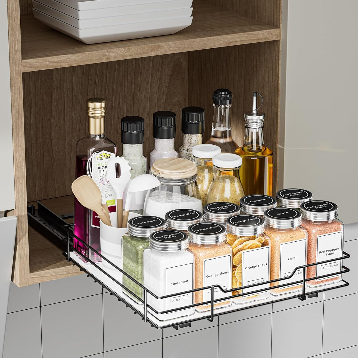 BOIVSHI 2-Tier Spice Rack, Pull Out Cabinet Organizer Spice Racks Height Adjustable Heavy Duty Metal Basket for Inside Cabinets & Pantry Closet(9.5''Wx10.5''Dx9.5''H)