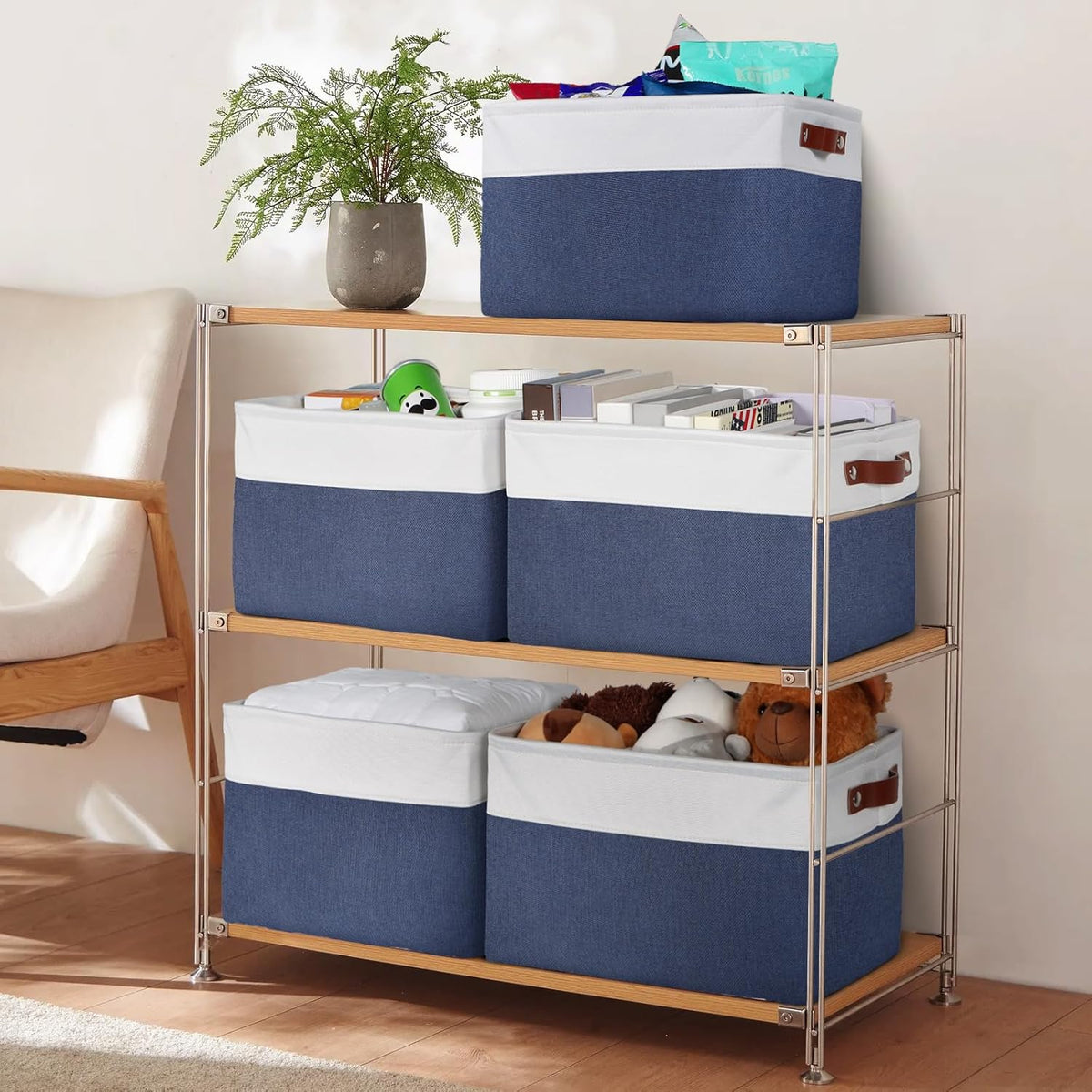 Univivi 4PC Small Fabric Storage Bins,15x6x5 inch Long Narrow Storage Baskets with PU Handles for Closet,Cabinet,Countertop Organizing Small Items (Gray,15x6x5 inch)