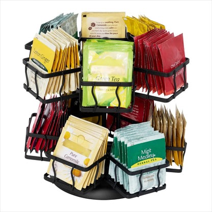 NHZ Tea Bag Organizer - Spinning Carousel Holder With 12 Compartments, Up to 140 Tea Bags Storage, Black Powder Coated Stainless Steel