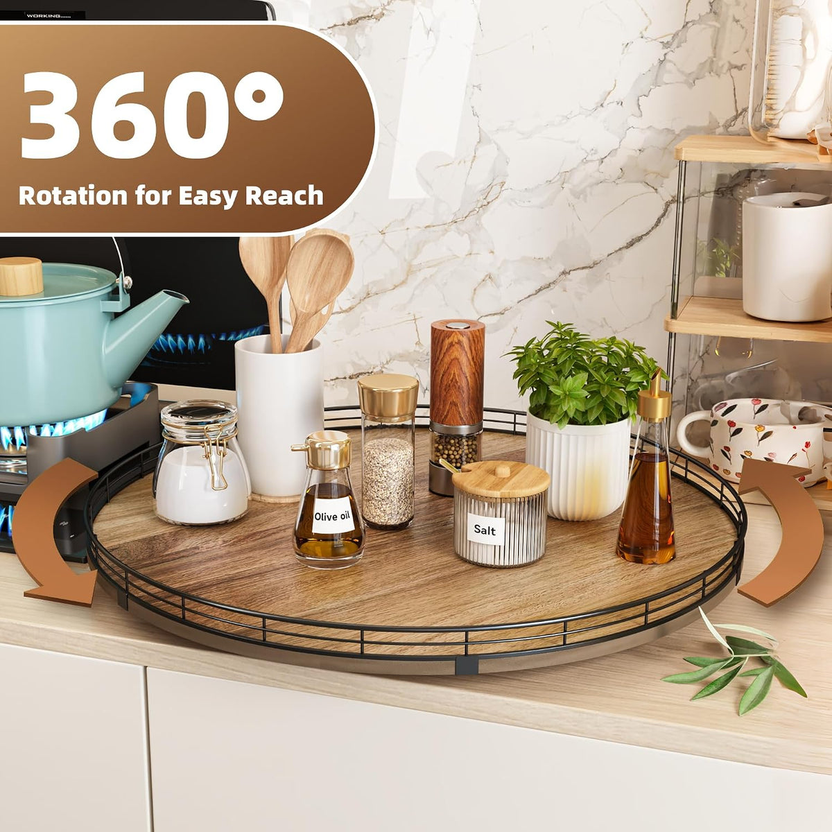 Acacia Wood 13" Lazy Susan Turntable Organizer for Table Top, Farmhouse Round Wooden Lazy Susan for Cabinet Kitchen Centerpieces Coffee Table, for Condiments Spices, Bathroom Vanity Tray Decor