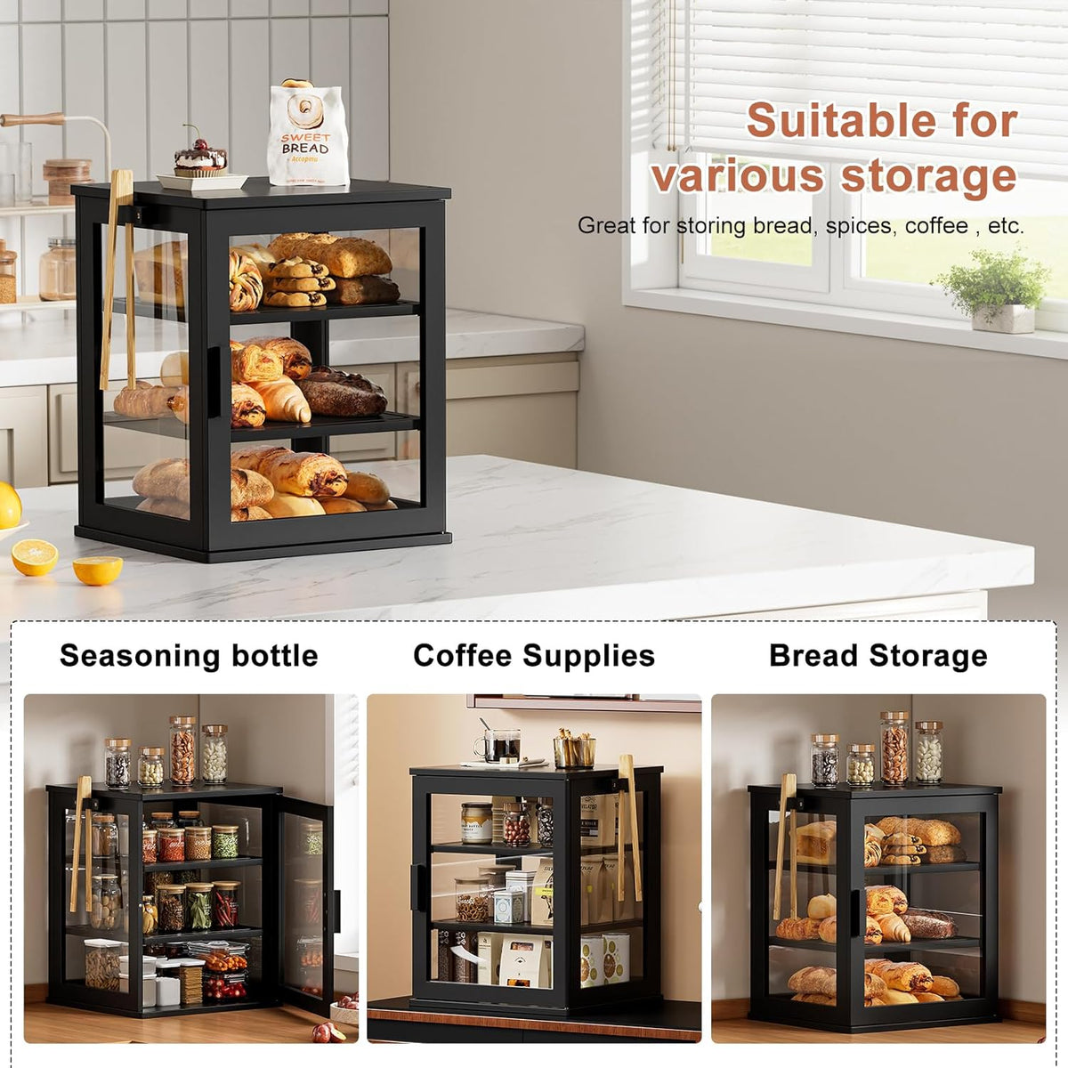 WOWLIVE Black Bread Box for Kitchen Countertop, Large 3 Layers Bread Storage Container for Homemade Bread with Window, Farmhouse Breadbox Organizer for Kitchen, Cabinet, Pantry (Black, Meduim)
