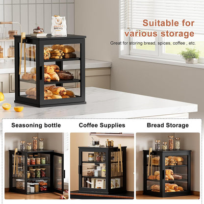 WOWLIVE Black Bread Box for Kitchen Countertop, Large 3 Layers Bread Storage Container for Homemade Bread with Window, Farmhouse Breadbox Organizer for Kitchen, Cabinet, Pantry (Black, Meduim)