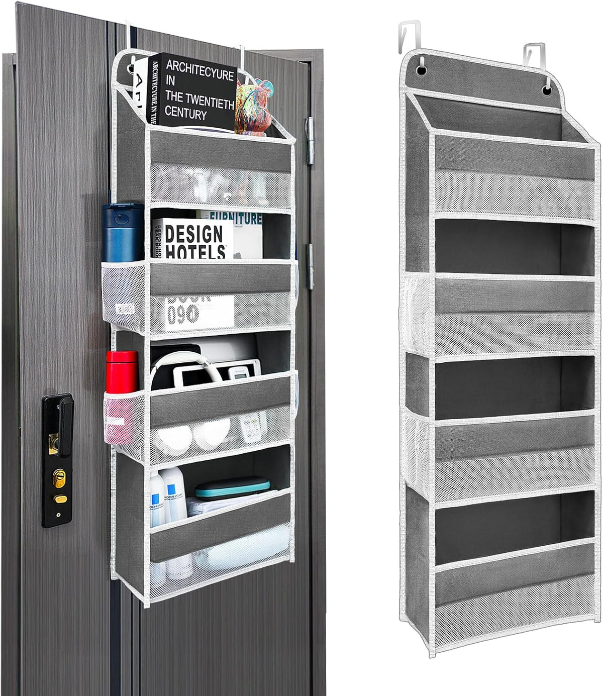 Over The Door Organizer with LifetimeWarranty, 4 Shelves & 4 Side Pockets, Large Storage Rack Holds 44lb, Heavy-Duty Reinforced Mesh Shelf for Bathroom, Closet, Toy Organization, Shoes, Towels, Grey