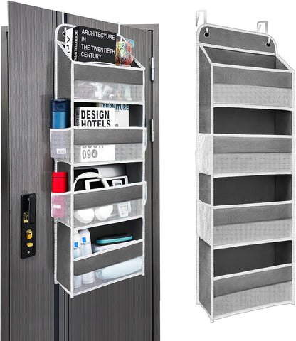Over The Door Organizer with LifetimeWarranty, 4 Shelves & 4 Side Pockets, Large Storage Rack Holds 44lb, Heavy-Duty Reinforced Mesh Shelf for Bathroom, Closet, Toy Organization, Shoes, Towels, Grey