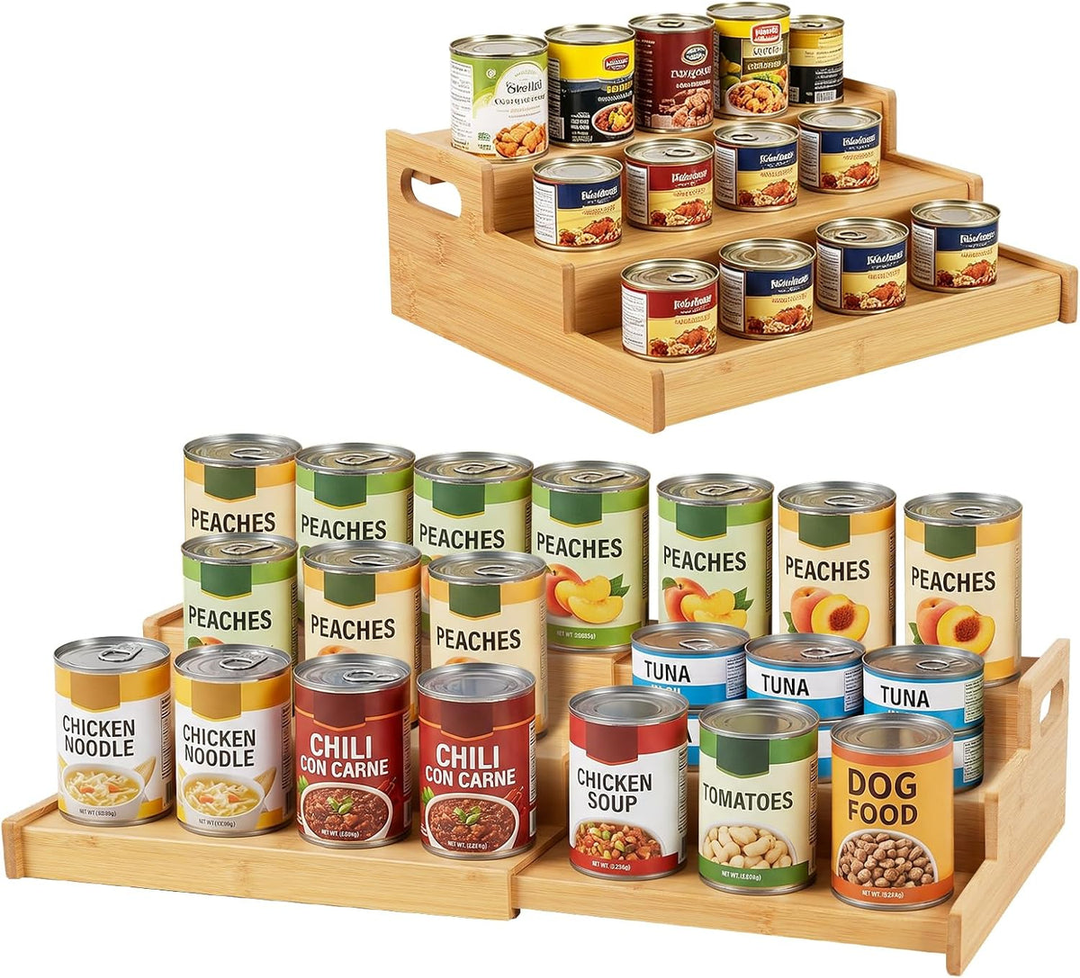 Expandable Bamboo Can Rack Organizer, 3 Tier Canned Food Storage Holder for Pantry, Adjustable Pantry Soda Can Organizer Shelf for Kitchen Spice, Countertop, Cat Food, Cabinet Storage Hold for 24 Cans