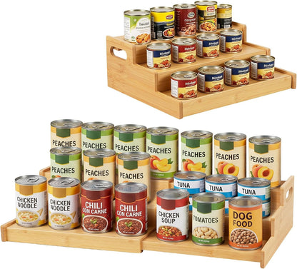 Expandable Bamboo Can Rack Organizer, 3 Tier Canned Food Storage Holder for Pantry, Adjustable Pantry Soda Can Organizer Shelf for Kitchen Spice, Countertop, Cat Food, Cabinet Storage Hold for 24 Cans